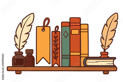 Unique vintage stationery collection with ink bottles, quill pens, decorative bookmarks, and classic books on wooden shelf in creative workspace, vector cartoon illustration