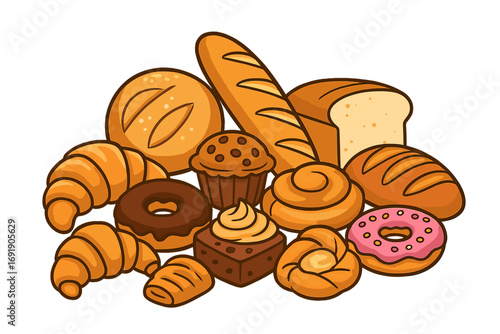 Bakery assortment vector cartoon illustration. Collection of fresh baked goods including bread, croissant, donut, and muffin. Pastry and sweet dessert food set for breakfast.