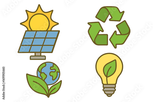 Sustainable energy icon set with solar panel, recycling symbol, green earth, and eco lightbulb. Ecology, environment, and conservation concepts for a clean renewable future.