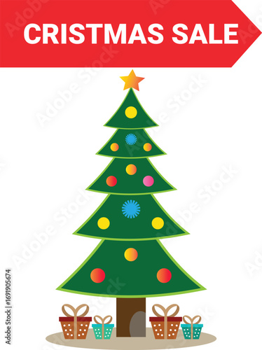 Merry Christmas Sale tag with a decorated fir tree, presents, and a golden star on a snowy winter background