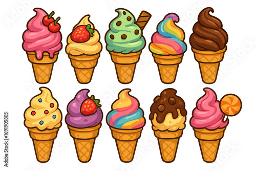 Set of colorful cartoon ice cream cones. Vector illustration collection of various sweet desserts with different flavors and toppings like strawberry, chocolate, and cherry.