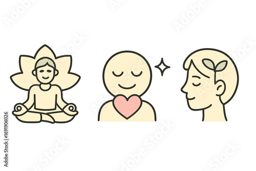 Mindfulness and personal growth icon set. Mental health, self love, and emotional wellness concept. Meditation, yoga, and positive mindset symbols. Vector icon collection.