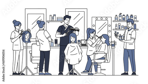 A lively and detailed line art illustration depicting a busy hair salon with multiple stylists attending to clients of various ages and genders showcasing a vibrant and professional atmosphere