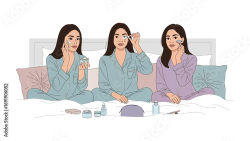 Three young women in pajamas applying skincare products while sitting on a bed with pillows and makeup scattered around them