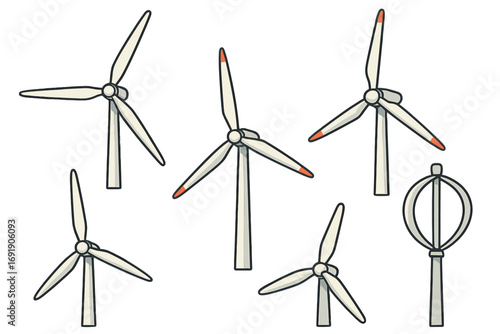 Various designs of wind turbines showcasing modern renewable energy technology for sustainable electricity generation, clean power sources, green energy concept, vector cartoon illustration