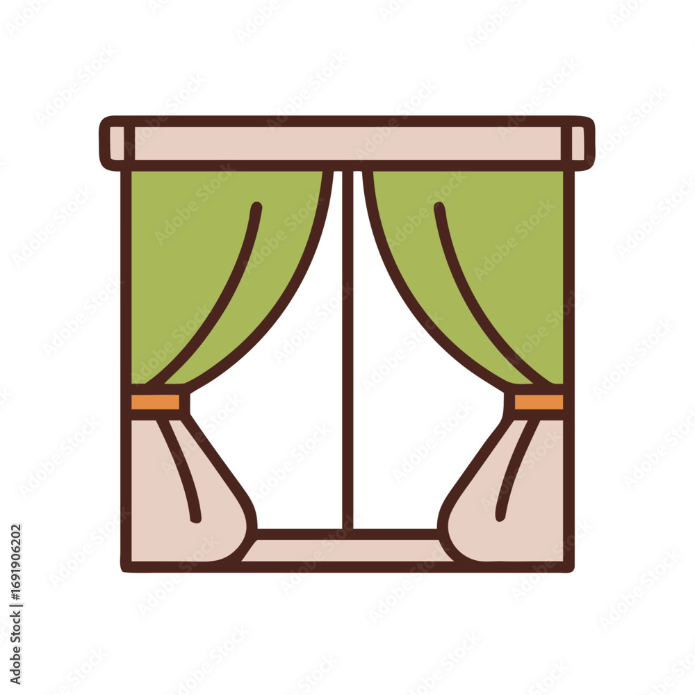 Fototapeta premium Window illustration with green curtains and white drapes 