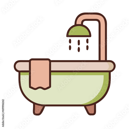 Vintage bathtub with shower head in pastel cartoon style
