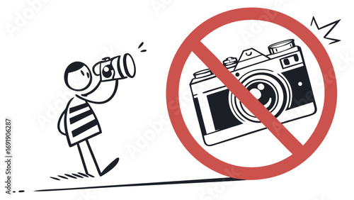 Stick figure photographer illustration with no camera allowed prohibition sign  

