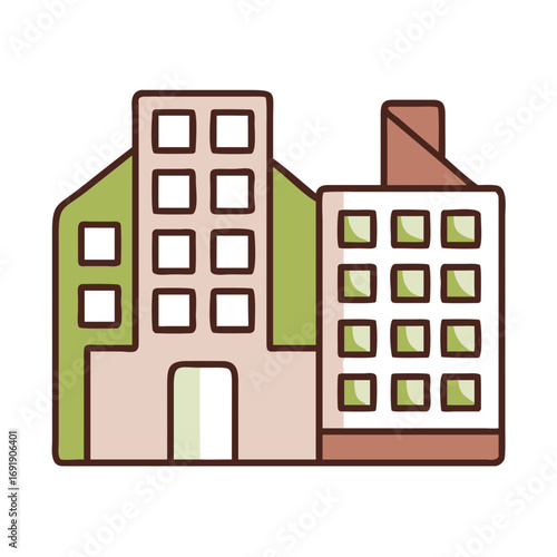 Apartment building facade with windows in pastel cartoon style
