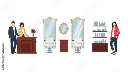 Professional hairstylists and clients in a modern salon with styling chairs mirrors and beauty product shelves showcasing a clean and inviting atmosphere