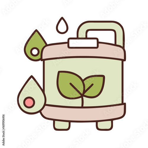 Eco water container with leaf symbol in pastel cartoon style
