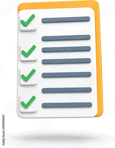 3D rendered illustration of a white clipboard with a checklist featuring green checkmarks, symbolizing successful task completion and efficient project management for organized work processes