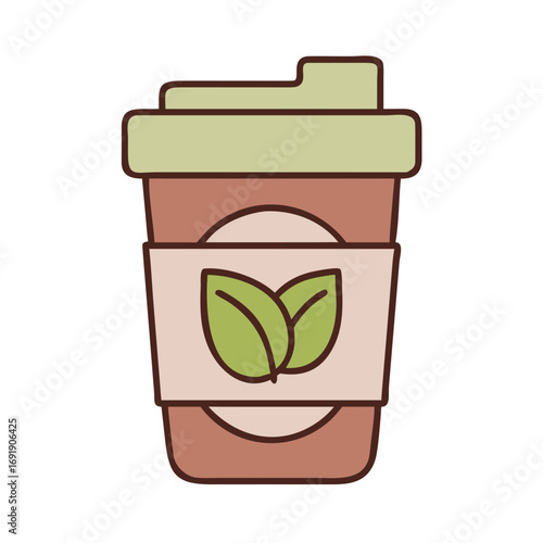 Eco friendly coffee cup with leaf symbol in pastel cartoon style
