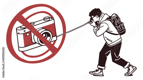 Illustration of man taking photo with no camera sign prohibition concept  

