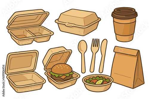 Various eco-friendly meal packaging options for sustainable dining, reusable food containers, biodegradable utensils, paper coffee cup, salad bowl, burger box, and takeaway bag illustration