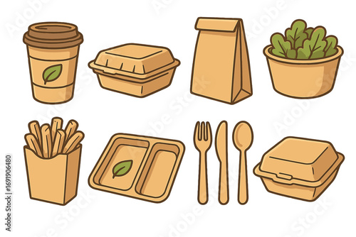 Various eco-friendly meal packaging options, sustainable takeout containers, reusable salad bowls, biodegradable cutlery, paper coffee cup with leaf design, green dining practices illustration
