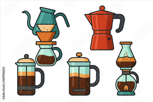 Set of coffee brewing methods. Vector icons of pour-over, moka pot, french press, siphon. Colorful modern flat illustrations. Coffee making equipment for cafe or barista.