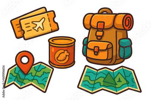 Travel essentials icon set for adventure tourism. Vector cartoon collection with backpack, flight ticket, map with location pin, and canned food for a hiking journey or vacation.