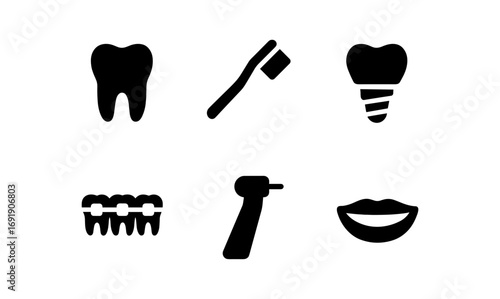 Dental care icons: tooth, brush, implant, braces, drill, smile silhouettes