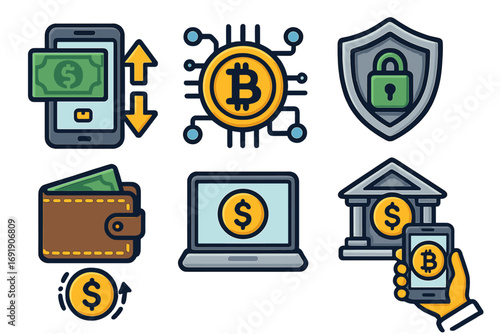 Financial technology and cryptocurrency icon set. Vector concepts for digital transactions, mobile banking, online payments, secure crypto exchange, bitcoin, and finance.