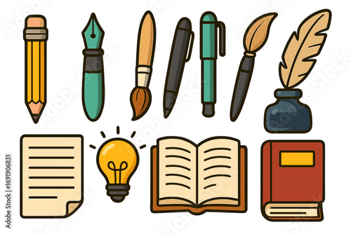 Writing tools and literary artifacts collection featuring classic and modern design elements for creative expression and artistic inspiration in cartoon vector illustration