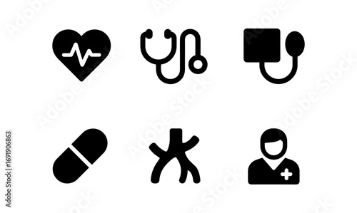 Medical icon set featuring heartbeat, stethoscope, blood pressure cuff, pill, artery, and doctor symbols