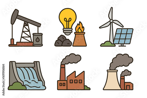 Various energy sources illustration including fossil fuels, coal power, oil drilling, renewable energy with wind turbine and solar panel, hydroelectric dam, industrial pollution vector cartoon set