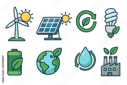 Renewable energy symbols and icons illustrating sustainable technology and eco-friendly practices in modern society, green power sources, environmental conservation concepts, vector cartoon set