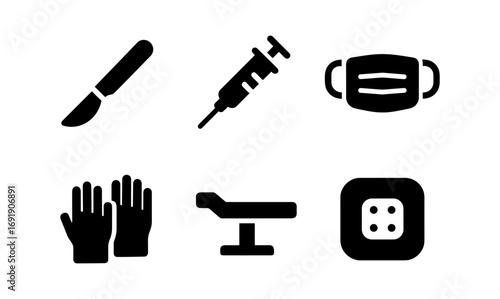 Essential medical icons: syringe, scalpel, mask, gloves, bed, socket in simple design