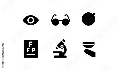 Eye care icons set: vision, glasses, microscopy & ophthalmology essentials