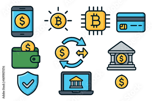 Fintech and cryptocurrency icon set for digital finance. Vector icons for mobile banking, money transfer, bitcoin, and online payment. Secure transaction and e-commerce symbols.