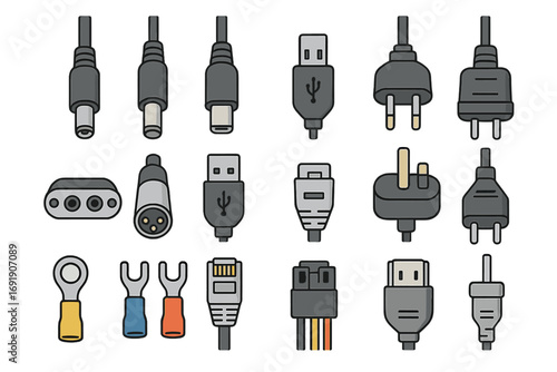 Electrical connectors plugs vector icon set. USB, HDMI, jack, ethernet cable. Power adapter, data connection, audio video input output. Technology hardware symbol collection.
