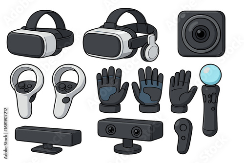 Virtual reality gaming set. VR headset, controllers, gloves, and sensors for metaverse and augmented reality experiences. Modern digital entertainment technology cartoon vector.