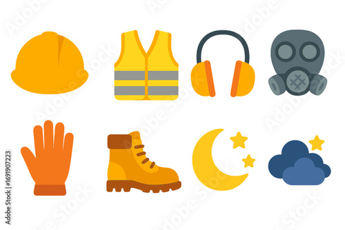 Safety work gear icon set. Personal protective equipment for construction and industry. Vector flat illustration of helmet, vest, earmuffs, gas mask, gloves, boots. Night shift icons.