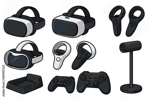 Virtual reality gaming accessories set. VR headset, controller, gamepad, and sensor icons. Modern technology for metaverse and augmented reality. Vector cartoon illustration collection.