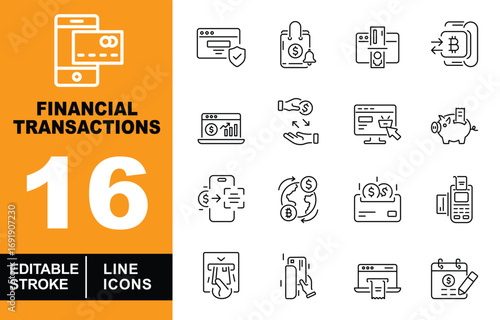 Financial Transactions line icon set. Smartphone, Shield, Shopping bag, Credit card, Bitcoin, Graph, Hand, Computer, Piggy bank, Mobile, Globe, Invoice, POS, and more. Editable stroke icons collection