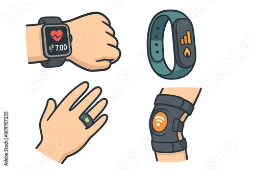 Wearable health tracking devices vector cartoon set. Fitness gadgets, smartwatch, activity tracker, smart ring, knee brace. Health care technology for active lifestyle.