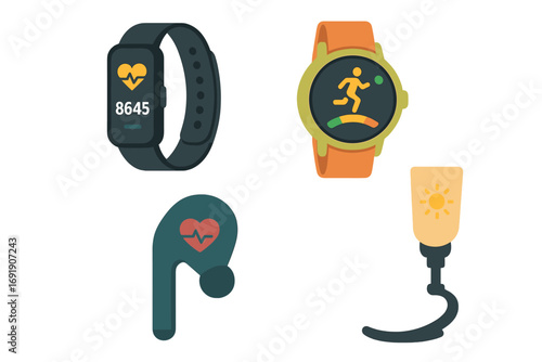 Wearable health tracker device icon set. Smartwatch for fitness, running. Heart rate monitor earbud. Prosthetic leg for mobility, disability. Concept active lifestyle.