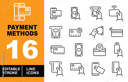 Payment Methods line icon set. Smartphone, Card, Money, ATM, Pay, Phone, Credit card, Hand, POS, Mobile, and more. Editable stroke icons collection.