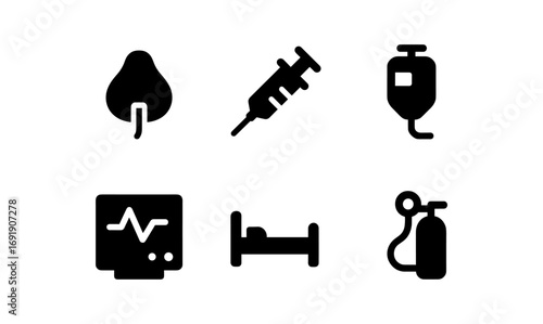 Medical equipment icons: syringe, iv drip, bed, and heartbeat monitor