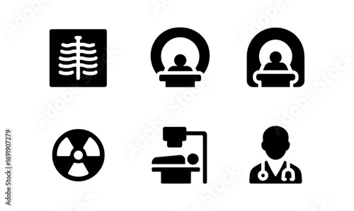 Medical imaging icons set featuring x-ray, mri, and ct scan symbols in black silhouette style
