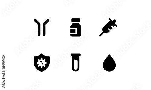 Medical icons set featuring syringe, vaccine, antibody, shield with virus, test tube, and blood drop