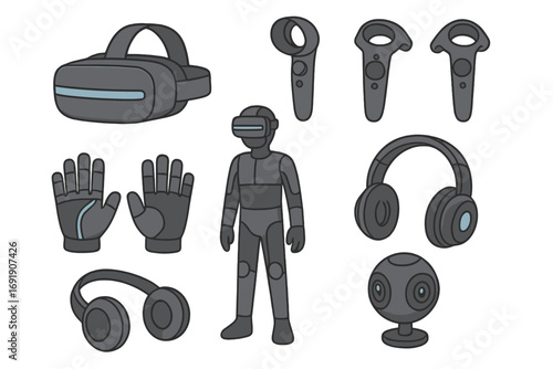 Virtual reality equipment set. VR headset, controller, gloves, and suit for immersive experience in the metaverse. Augmented reality technology concept. Vector cartoon illustration.