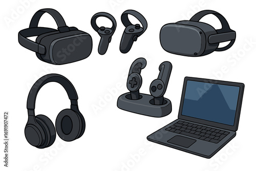 Set of virtual reality equipment. VR headset, controller, headphones and laptop computer for gaming. Immersive experience, metaverse technology. Digital world. Vector cartoon illustration.