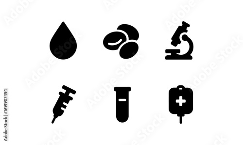 Medical icons collection: blood, cells, microscope, syringe, test tube, iv bag