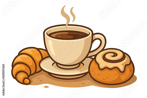 Warm coffee and fresh pastries. Cozy cafe atmosphere. Morning breakfast vector cartoon illustration. Hot drink with croissant and cinnamon bun. Bakery food and beverage icon.