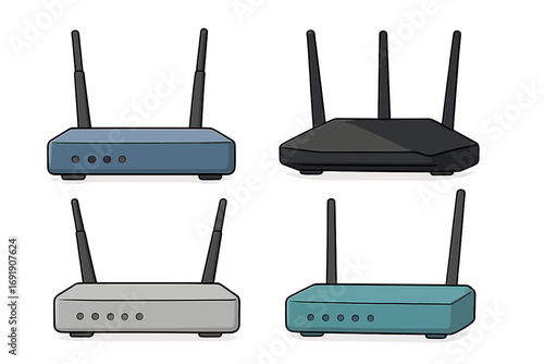 Set of wireless routers. Wifi connection technology. Internet network equipment collection. Various modern modems with antenna. Vector cartoon illustration isolated on white.