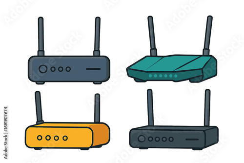 Wireless router modem vector set. Wifi network internet equipment collection. Flat cartoon illustration of various broadband connection devices for home and office access point.