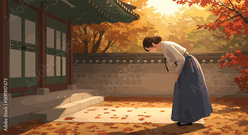 Young woman in traditional Korean hanbok bowing gracefully.