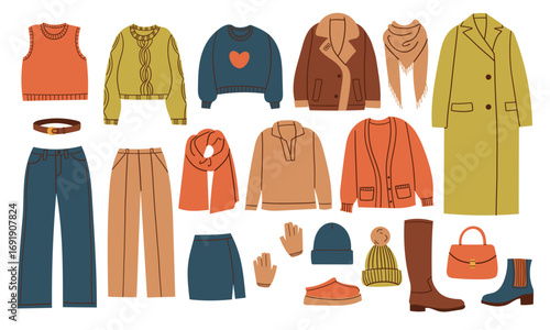 Women capsule wardrobe on racks. Fashion clothes on hanger rail. Autumn, winter apparels, shoes and accessories. Modern casual female garments collection hanging. Colored flat vector illustration